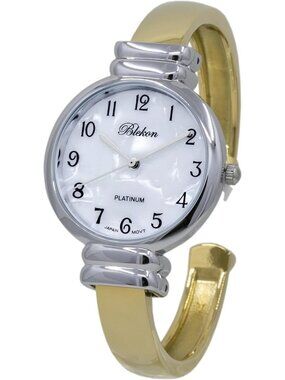 Women's Silver And Gold Analog Quartz Metal hinged Pearl Cuff Bracelet Watch